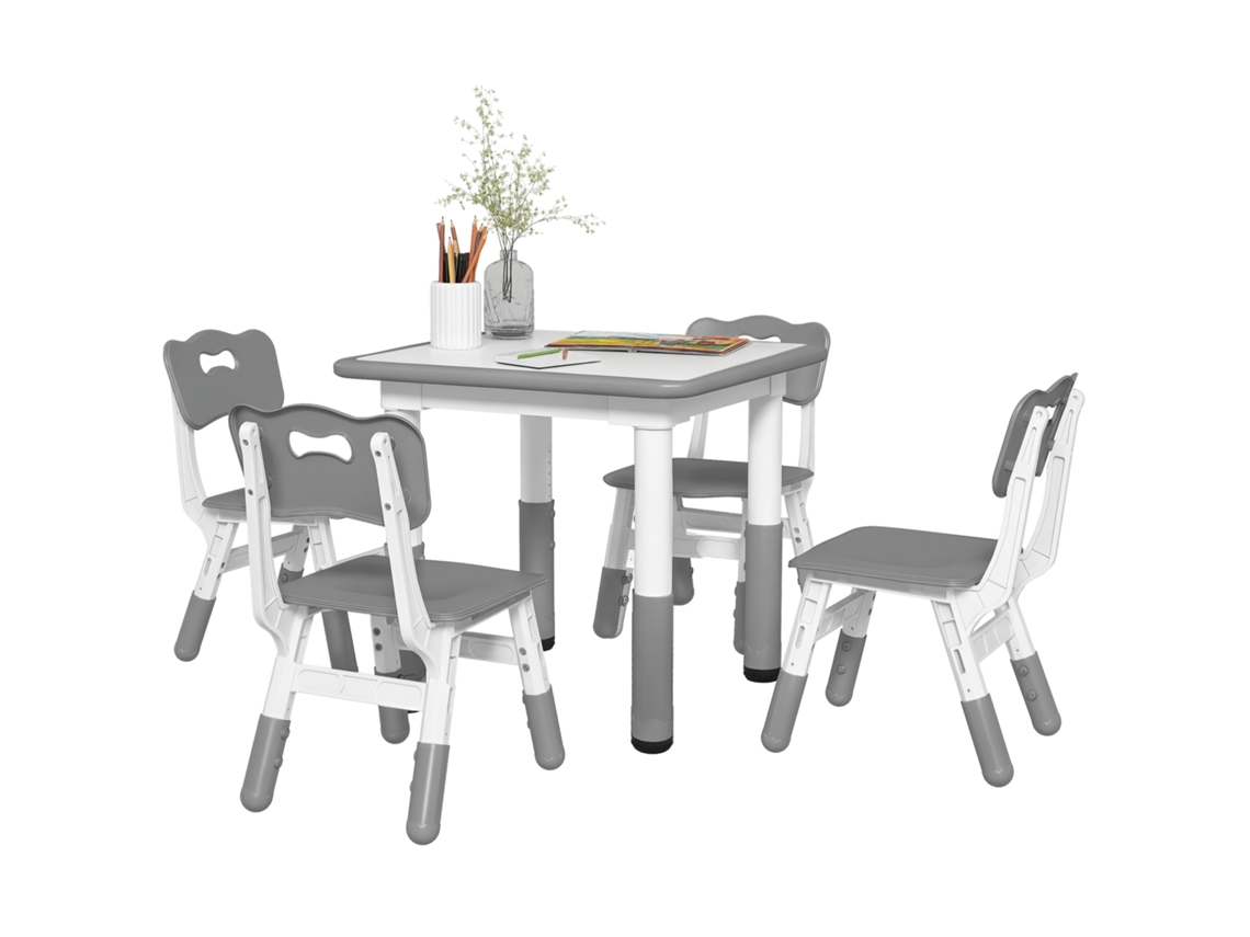 Conjunto de 1 Mesa e 4 Cadeiras para Crianças com Altura Ajustável. Conjunto de 5 Peças. Cinza Ge