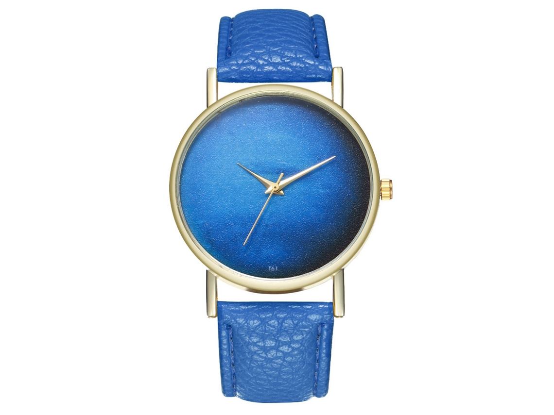 Relógio de quartzo unissex com pulseira de couro PU, mostrador céu estrelado, azul royal