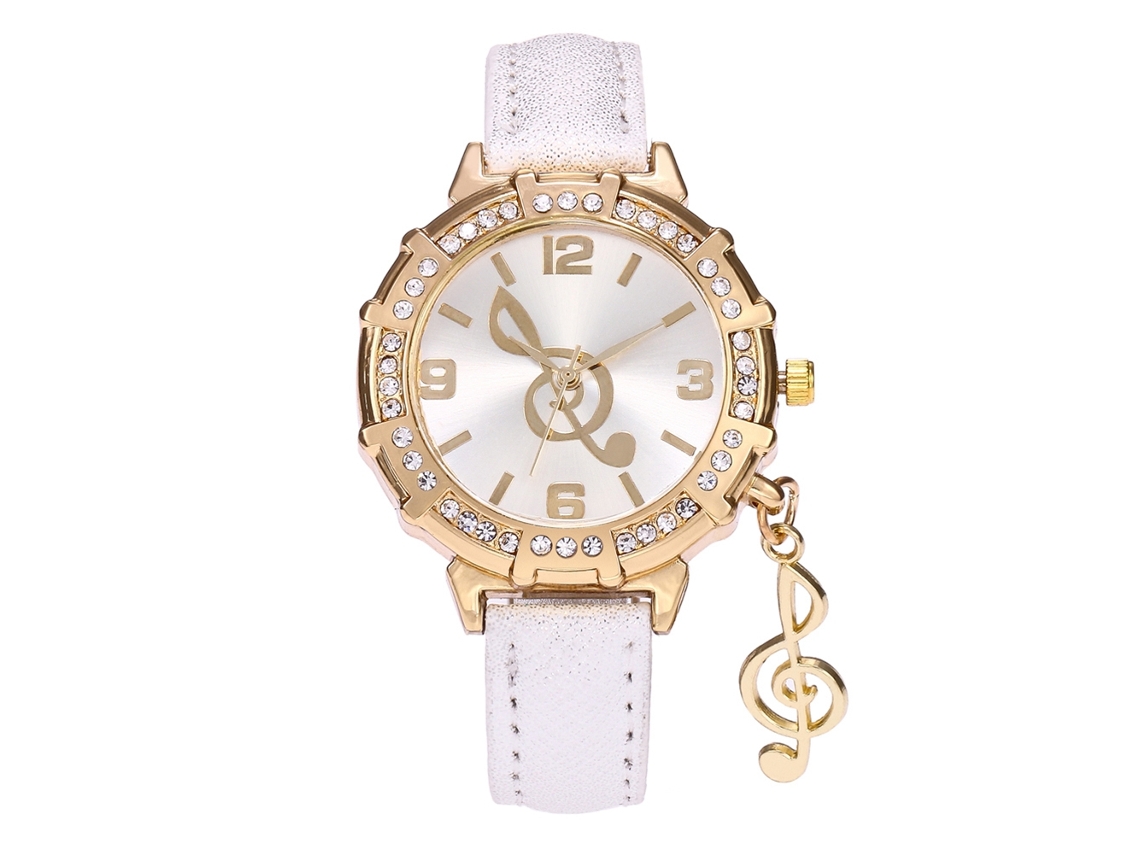 Relógio de Pulso Feminino com Strass e Pingente de Nota em Couro Pu (branco)