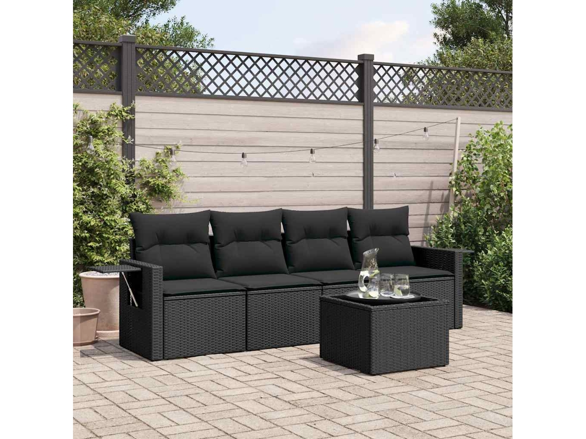Vidaxl 5 Pcs Conjunto Sofás De Jardim Com Almofadões Vime Pe Preto