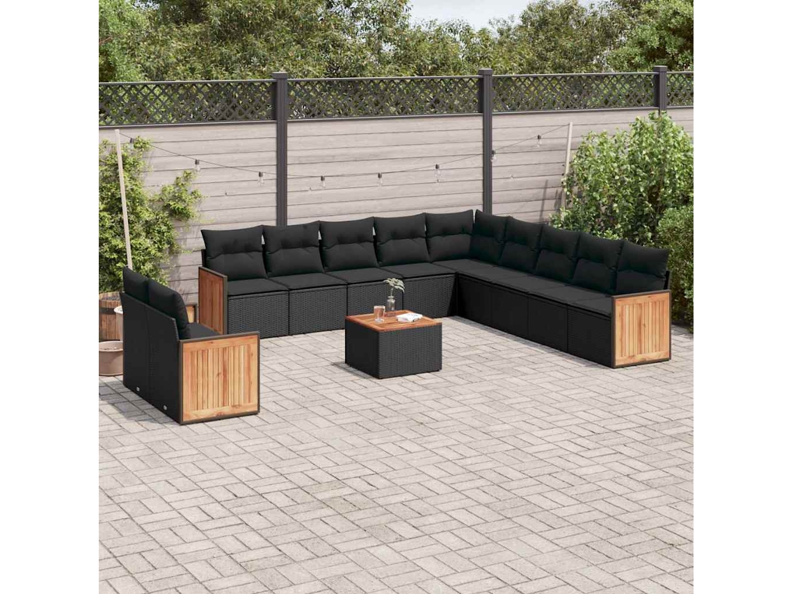 Vidaxl 12 Pcs Conjunto De Sofás De Jardim C/ Almofadões Vime Pe Preto