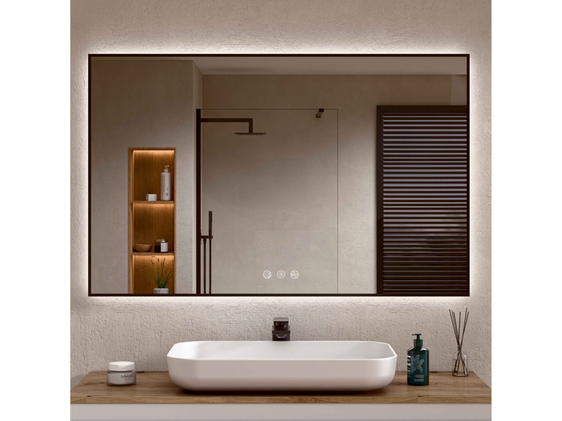 Espelho De Banheiro Com Luz Led Perimetral, Luz Ajustável Em 3 Cores E Intensidades, Antiembaçante, Alumínio Preto 70 X 120 Cm Bellobath