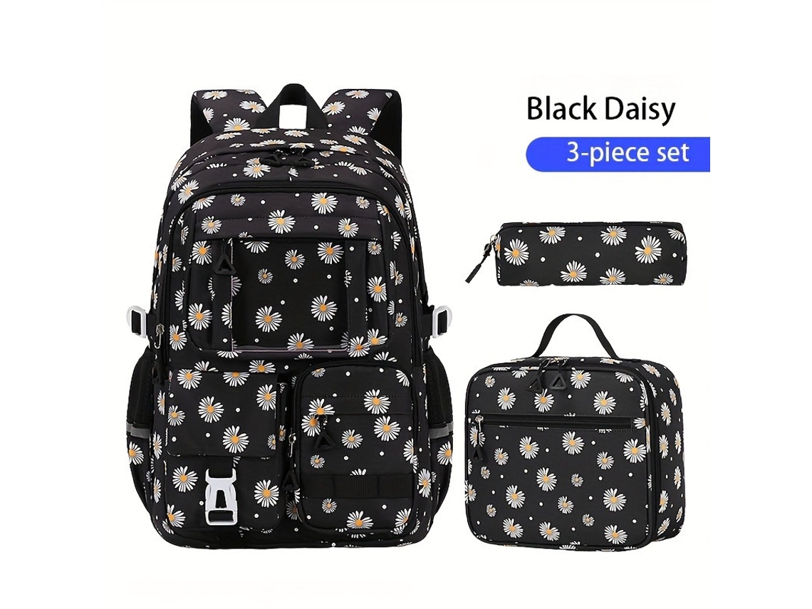 Mochila Conjunto, Grande Capacidade, Impermeável Adequado Para Uso Escolar Diário Por Adolescentes E Meninas Preto