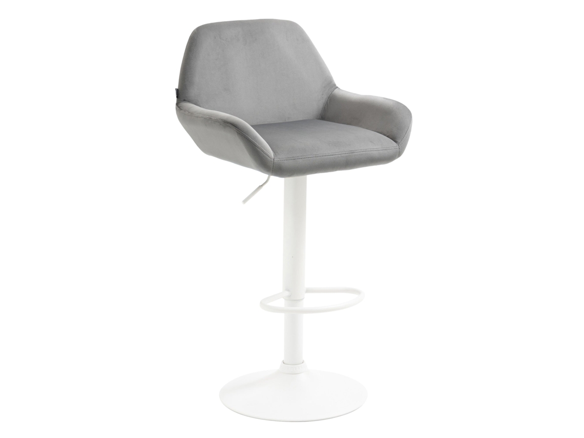 Banqueta de bar em veludo com estofamento em tecido cinza, base em formato de trombeta e estrutura em metal branco fosco Tdb10413