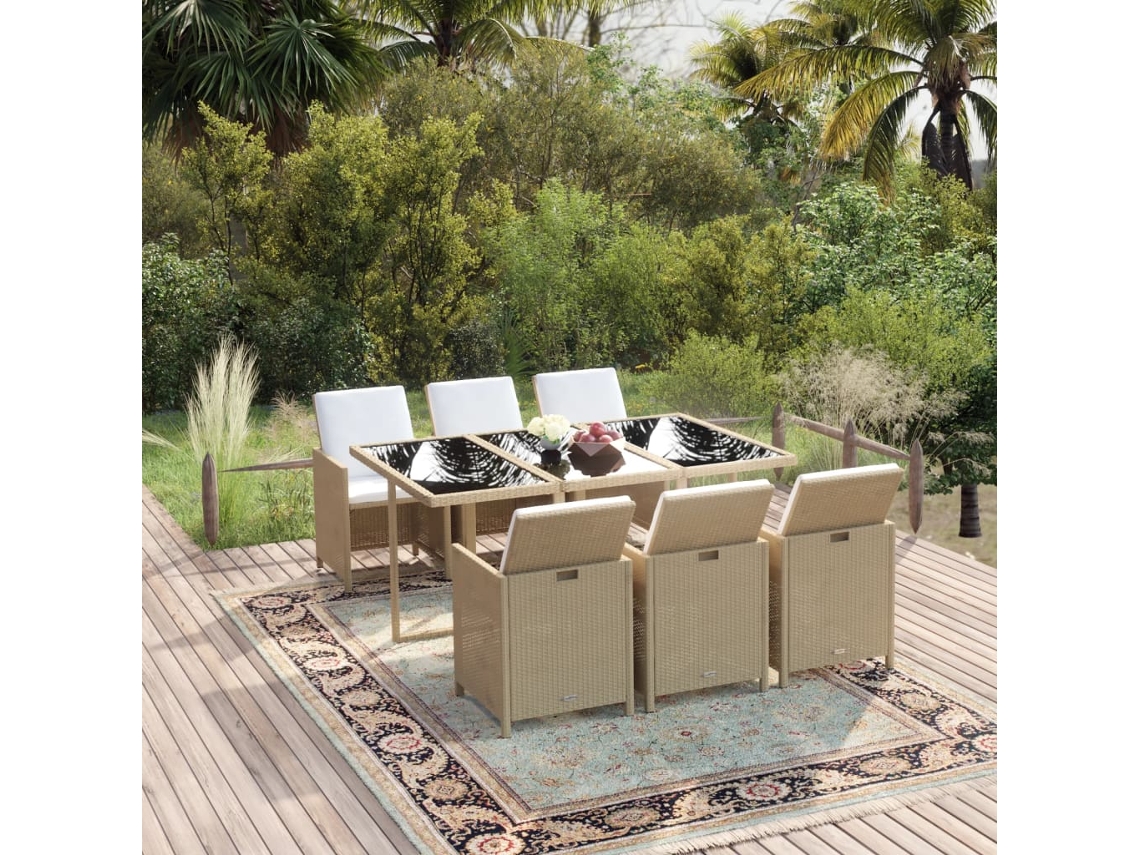Conjunto 7 Peças Jantar P/ Jardim C/ Almofadões Vime Pe Bege Dkd Home Decor