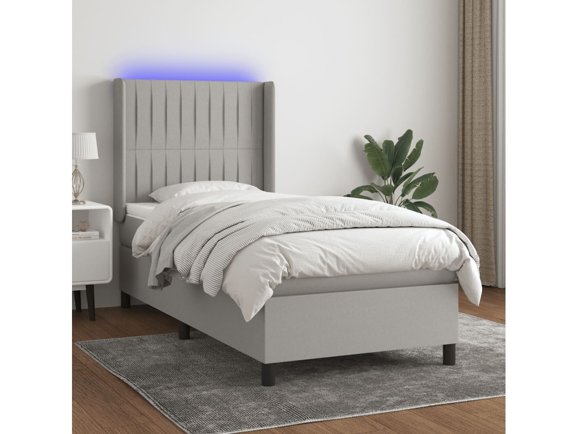 Vidaxl Cama Box Spring C/ Colchão E Led 90x200 Cm Tecido Cinza-claro
