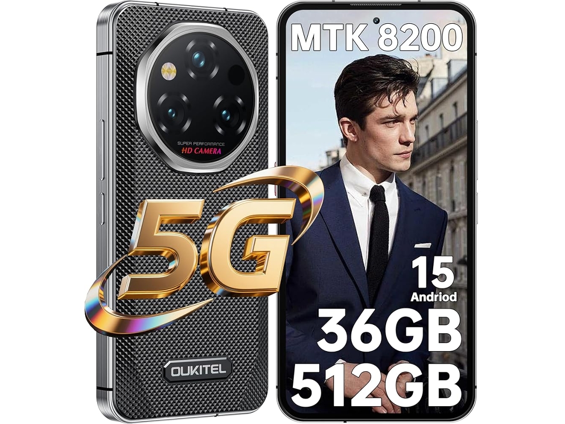 Smartphone Resistente 5G OUKITEL WP210 com 36GB RAM, 512GB armazenamento, 6.7'' AMOLED, 120Hz, 8800mAh, 108MP + 32MP, NFC, OTG preto