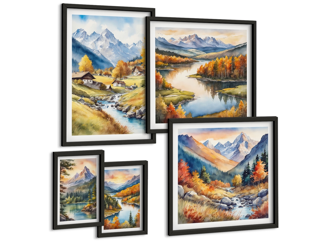 Conjunto De Pinturas Paisagens De Montanhas Rios Florestas Espelharte (5 Peças)