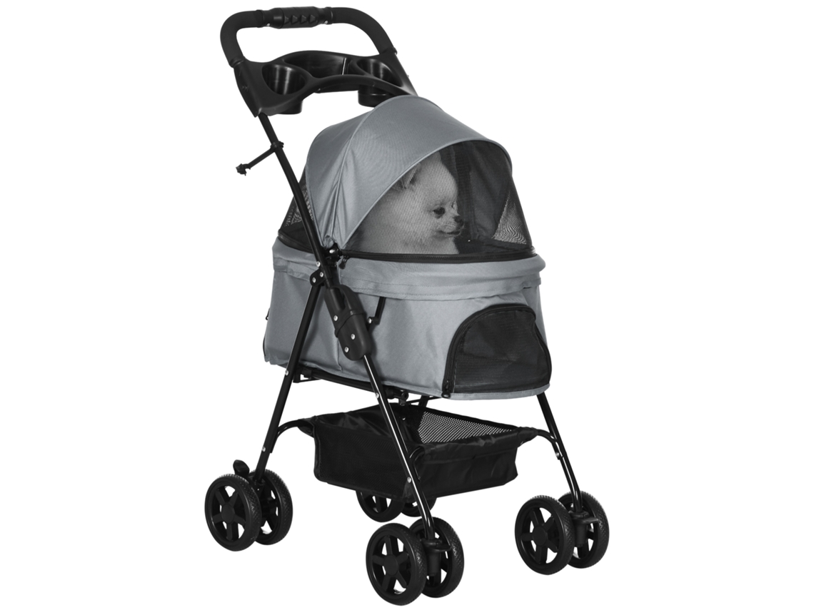 Carrinho de cão dobrável, com janela de tela, teto removível, porta copos, estrutura metálica, 67x45x96 Cm, cinza | S/MARCA