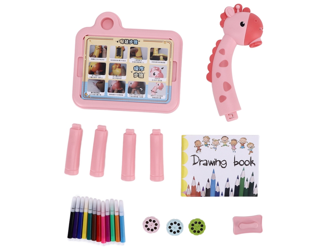 Mesa de desenho educativa infantil 2026 com projetor LED, quadro de pintura, brinquedo artístico, aprendizado precoce, rosa.