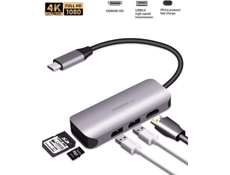 Hub de Liga de Alumínio 5 em 1 Usbc Hub com Adaptador 4K Usbc para Hdmi 1 Porta Usb 3 1 Porta Usb 2 Leitor de Cartões/Micro Cartão OVEGNA Pl002