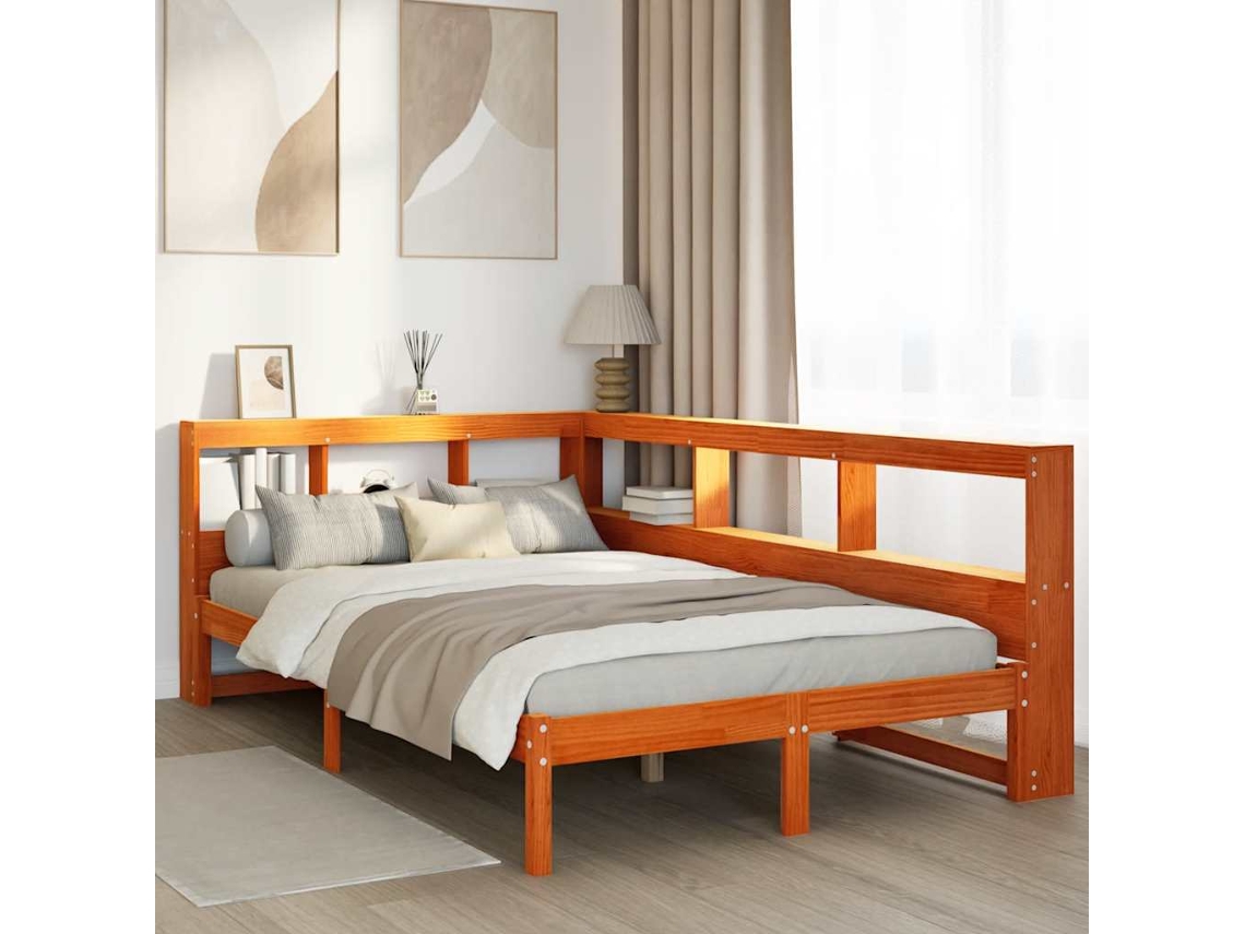 Cama De Casal | Camas Para Quarto | Cama C/ Estante Sem Colchão 120x190cm Pinho Maciço Castanho-mel