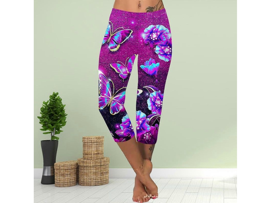 Leggings Curtos Verão Mulher Tamanho Grande Estampado Luna Mariposa Púrpura CONTEFELI