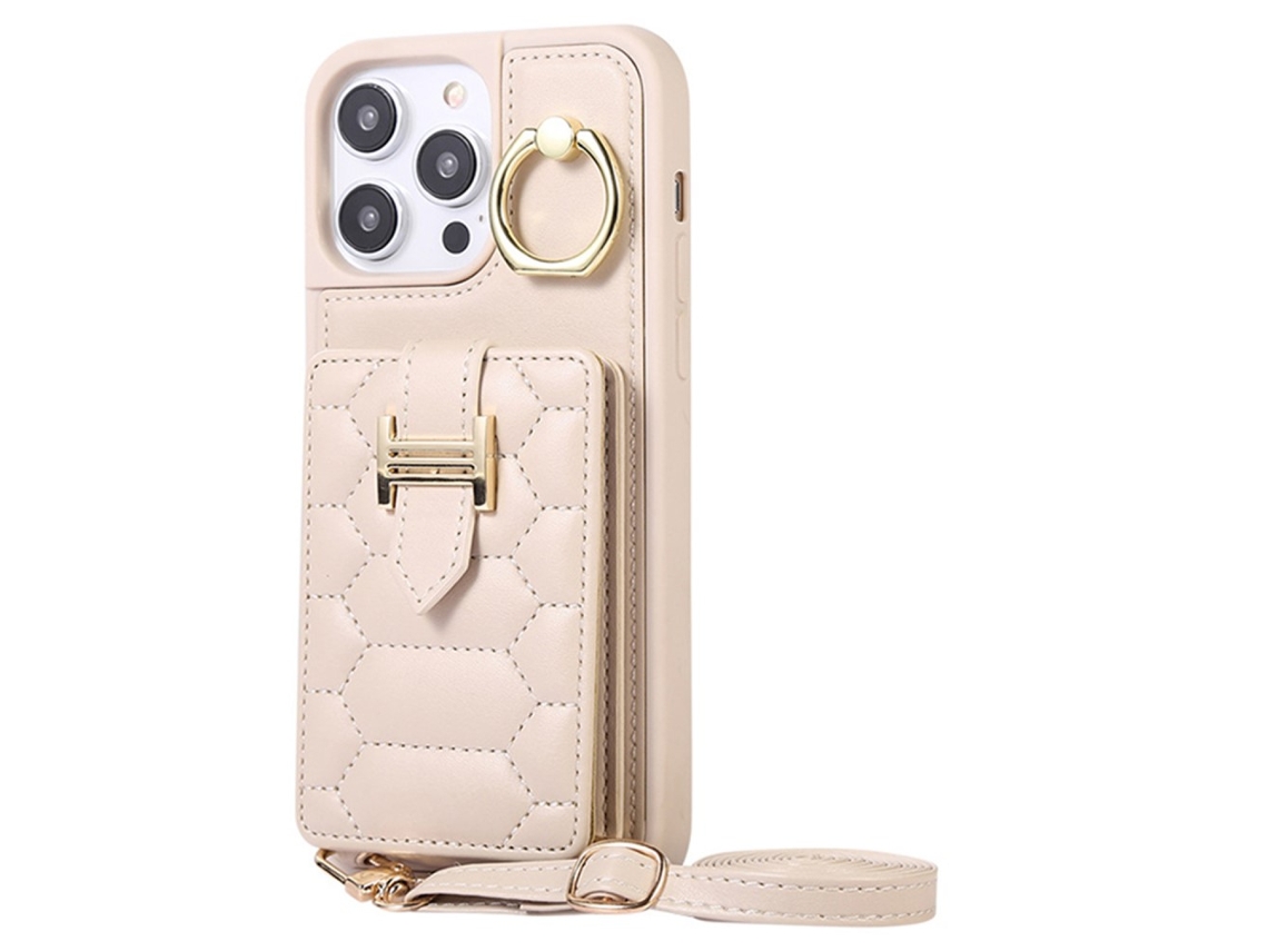 Suporte Casa Para Iphone 15 Pro Max Pele Sintética Com Porta-cartões Bege