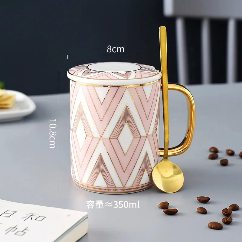Caneca de Café de Cerâmica Criativa em Estilo Inglês com Borda Dourada e Tampa, Caneca para Chá de Escritório MDUG (estilo D 350ml)