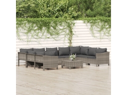 Vidaxl 10 Pcs Conjunto Lounge De Jardim C/ Almofadões Vime Pe Cinzento