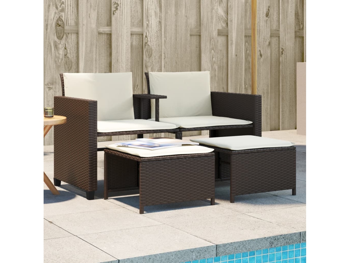 Vidaxl Sofá De Jardim De 2 Lugares Com Mesa E Bancos Vime Pe Castanho