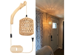 Candeeiro Parede Rattan - Luminária Artesanal - Estilo Boho - Com Ficha - Madeira Natural