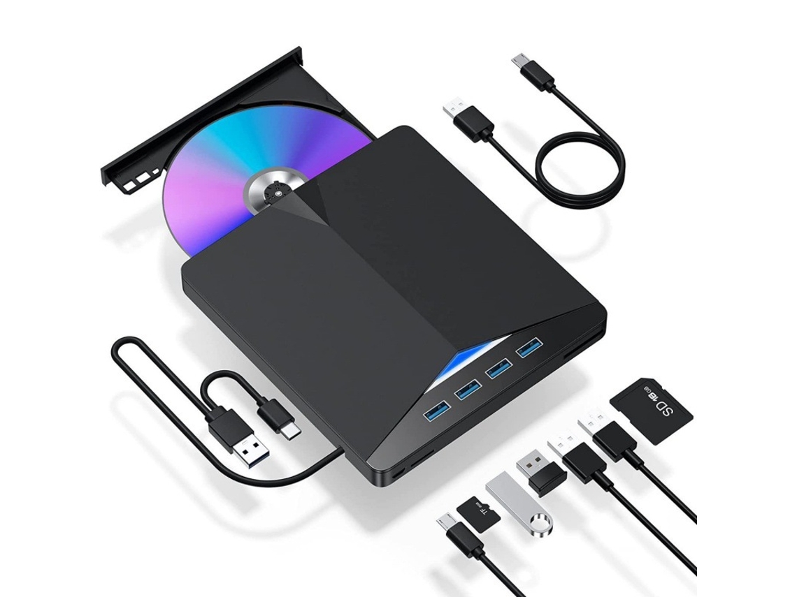 Leitor de Cd/dvd/rw Externo + Leitor Sd/tf, Usb 3.0/type c, para Windows/mac/linux ZYBLSSBB