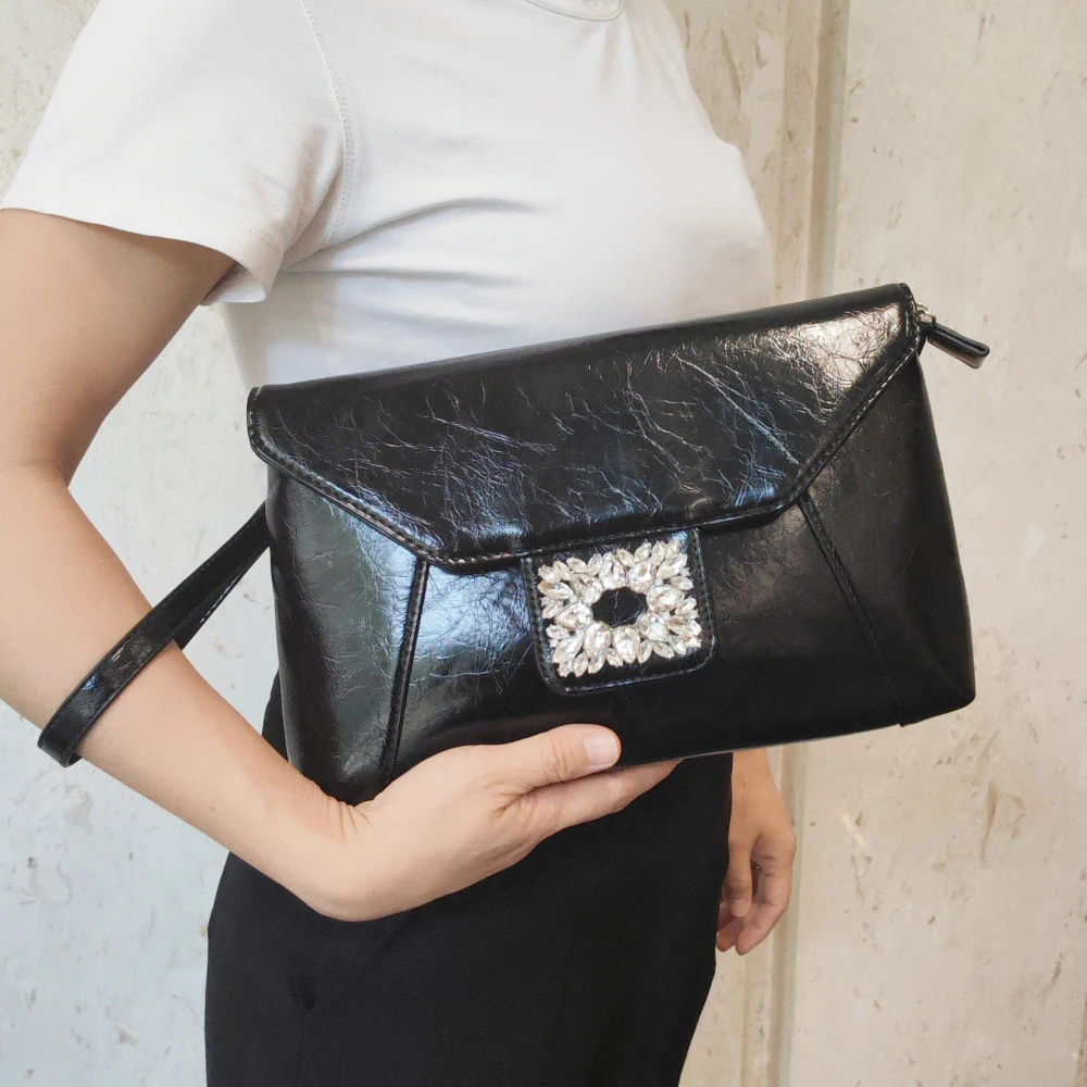 Bolsa Clutch Feminina Estilo Envelope (preta) Com Corrente De Couro, Bolsa De Ombro Feminina