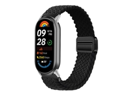 Pulseira esportiva NFC para Xiaomi Band 9, 10e e 8, Preta, com laço elástico em nylon de 14 mm e conector dourado.