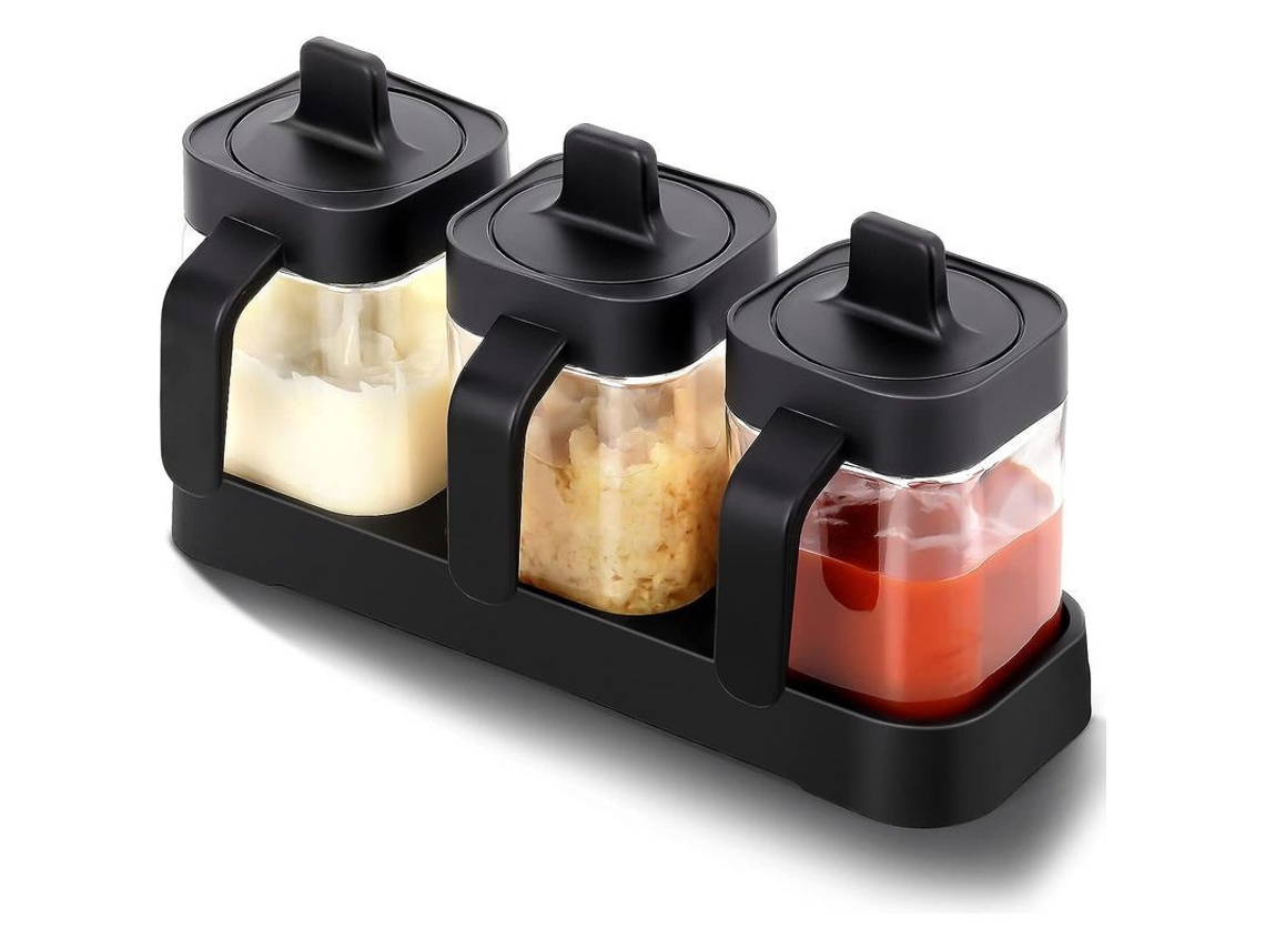 2026 3 Frascos de Especiarias de Vidro com Tampa e Colher de 400ml para Cozinha, Bar, Café Preto