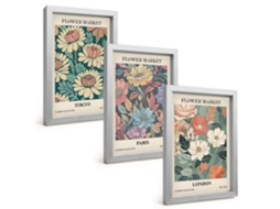 Quadros Decorativos Para Paredepôsteres Florais Tóquio Paris Londres Moldura Prateada Quadros Para O Escritório Espelharte (3 Peças 20x30 Cm)