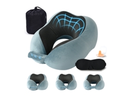 Travesseiro De Viagem Espuma Viscoelástica, Ajustável Para O Pescoço, Com Máscara Os Olhos E Tampões Ouvido, Azul. Aquaforge
