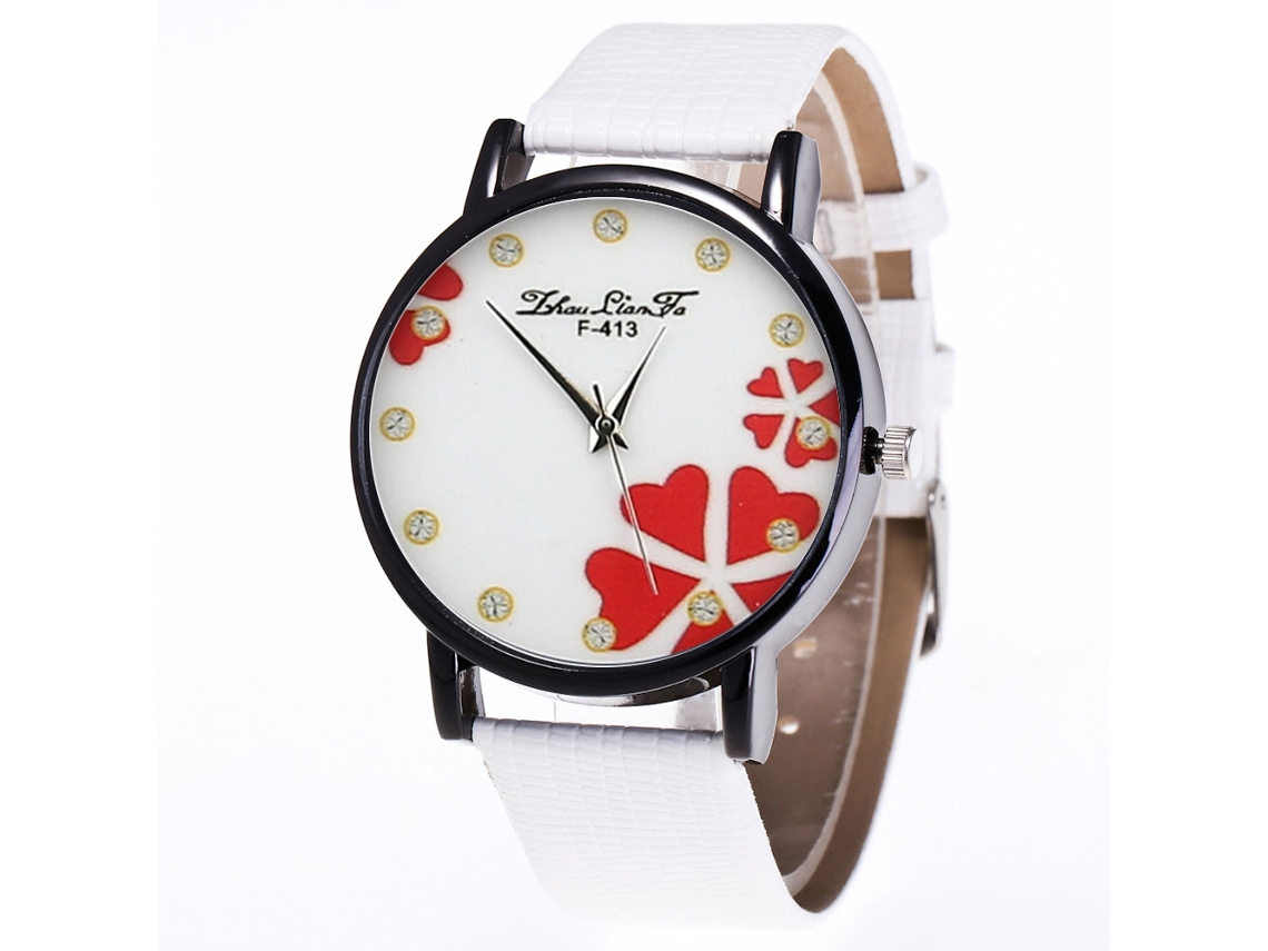 Reloj De Cuarzo Para Mujer Con Correa De Cuero Pu, Dial Redondo Y Strass, Blanco
