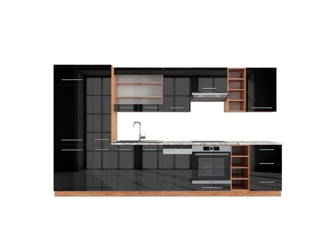 Cozinha Fame-Line, 355 cm, Mármore PT, Antracite brilhante/Carvalho dourado, Vicco