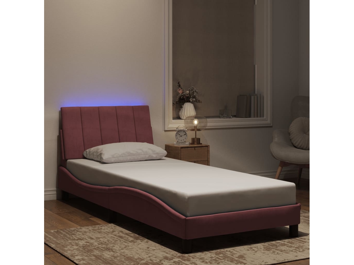Vidaxl Estrutura De Cama Com Led Sem Colchão Hanko 90x190 Cm Veludo Rosa