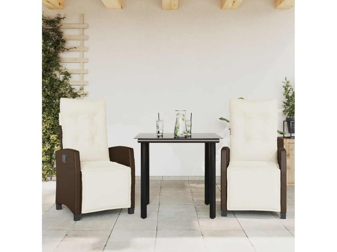 Vidaxl 3 Pcs Conjunto Jantar P/ Jardim C/ Almofadões Vime Pe Castanho