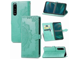 Yuru capa de Couro Flip Horizontal com Flor Mandala para Sony Xperia 5 Iii com Suporte, Slot para Cartão, Carteira e Cordão Verde