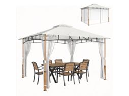 Pérgola Para Jardim 3x3,6 M Com Telhado Duplo Paredes De Rede Upf50+ Estrutura Metálica Creme E Teca