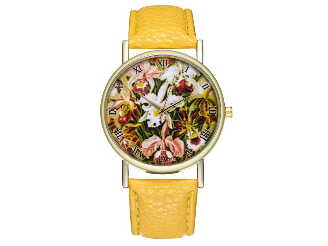 Relógio de Pulso Masculino de Quartzo com Pulseira de Pu Estilo Moderno e Simples Amarelo