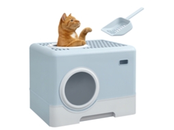 Caixa de areia para gatos com pá, bandeja removível, 2 portas, entrada frontal, saída superior, 52x41x38,5 cm, azul | S/MARCA