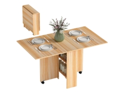 Mesa De Madeira Jantar Dobrável Com Rodas Lateral Multifuncional Asas Dobráveis E Prateleiras 140x80x74cm