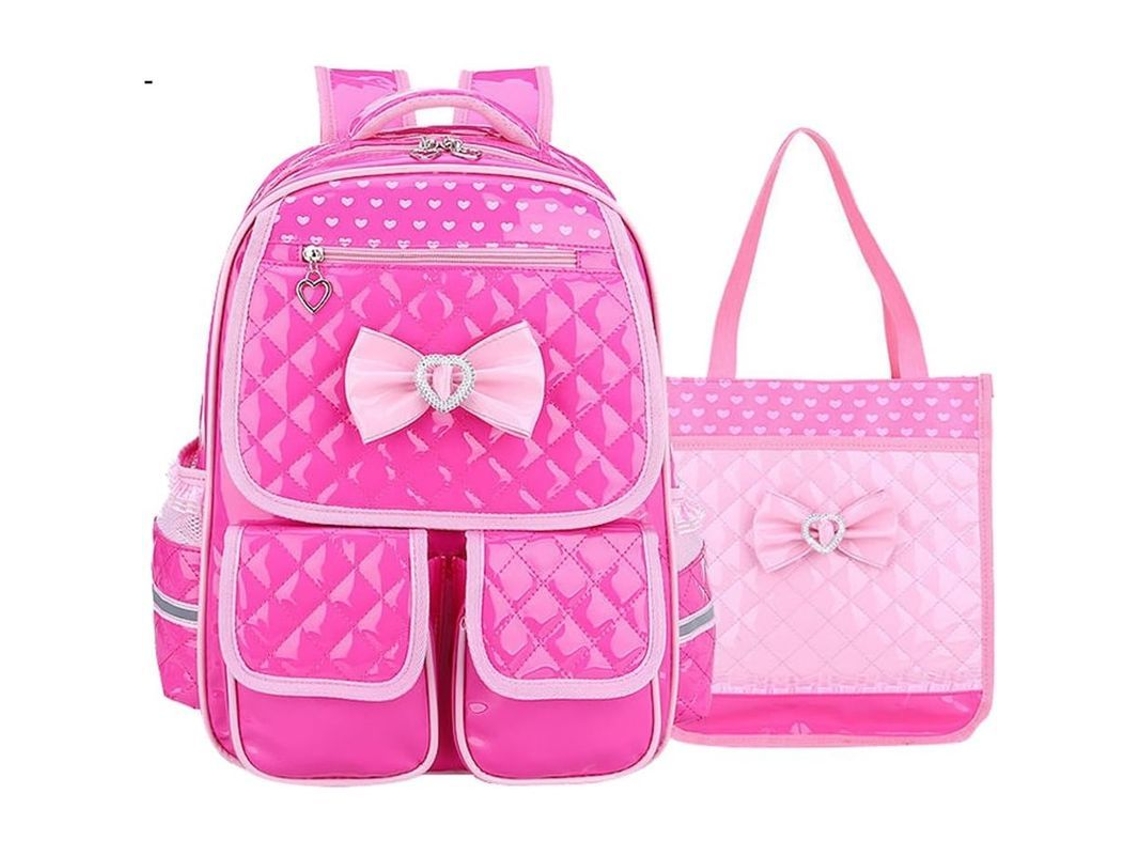 Conjunto de 2 Mochilas com Laços e Estampados de Corações, Rosa, Escolar e Pequena | S/MARCA