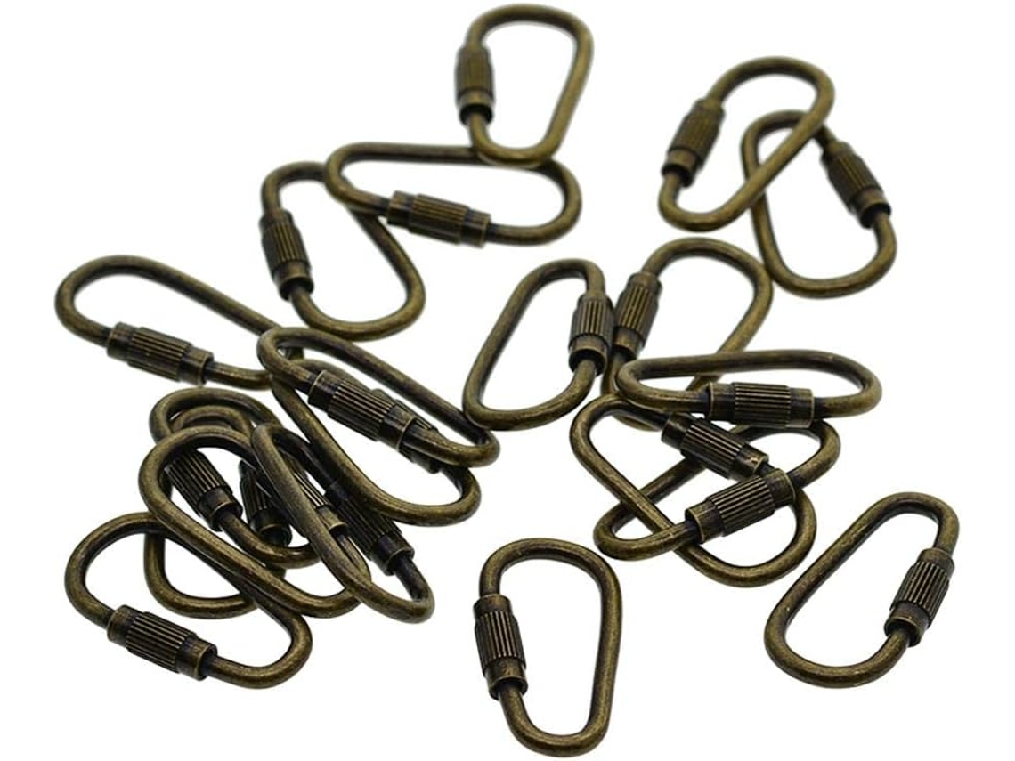 Conjunto de 20 mosquetões com trava, mola, gancho de corrente e trava.
