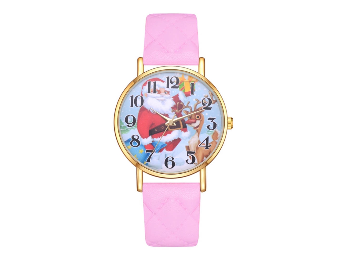 Relógio casual unissex com estampa de cervo, pulseira de PU e mostrador de quartzo, rosa, presente de Natal.