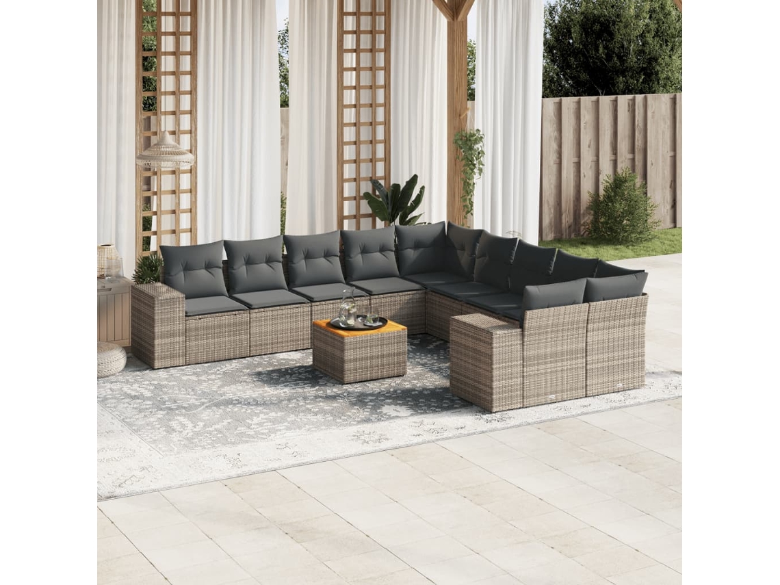 11 Pcs Conjunto Sofás De Jardim C/ Almofadões Vime Pe Cinza Dkd Home Decor