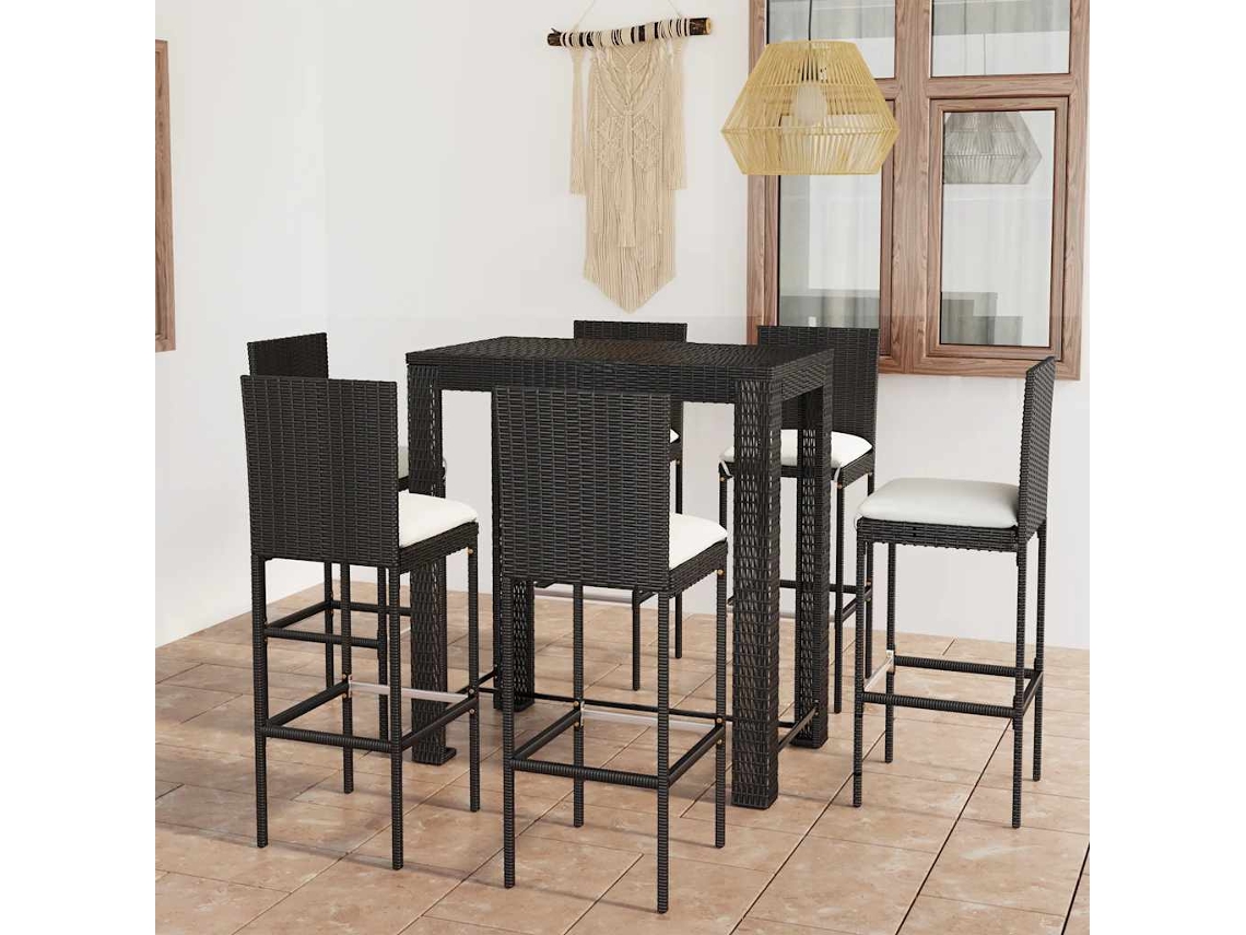 Vidaxl 7 Pcs Conjunto De Bar P/ Exterior C/ Almofadões Vime Pe Preto