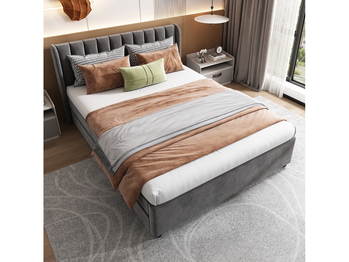 Cama estofada em veludo cinza, 140x200 Cm, com 2 gavetas, estrado de ripas VSOGA