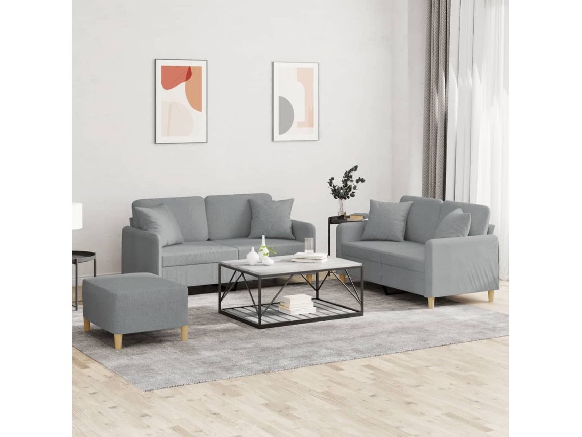 Vidaxl 3 Pcs Conjunto De Sofás Com Almofadas Tecido Cinzento-claro
