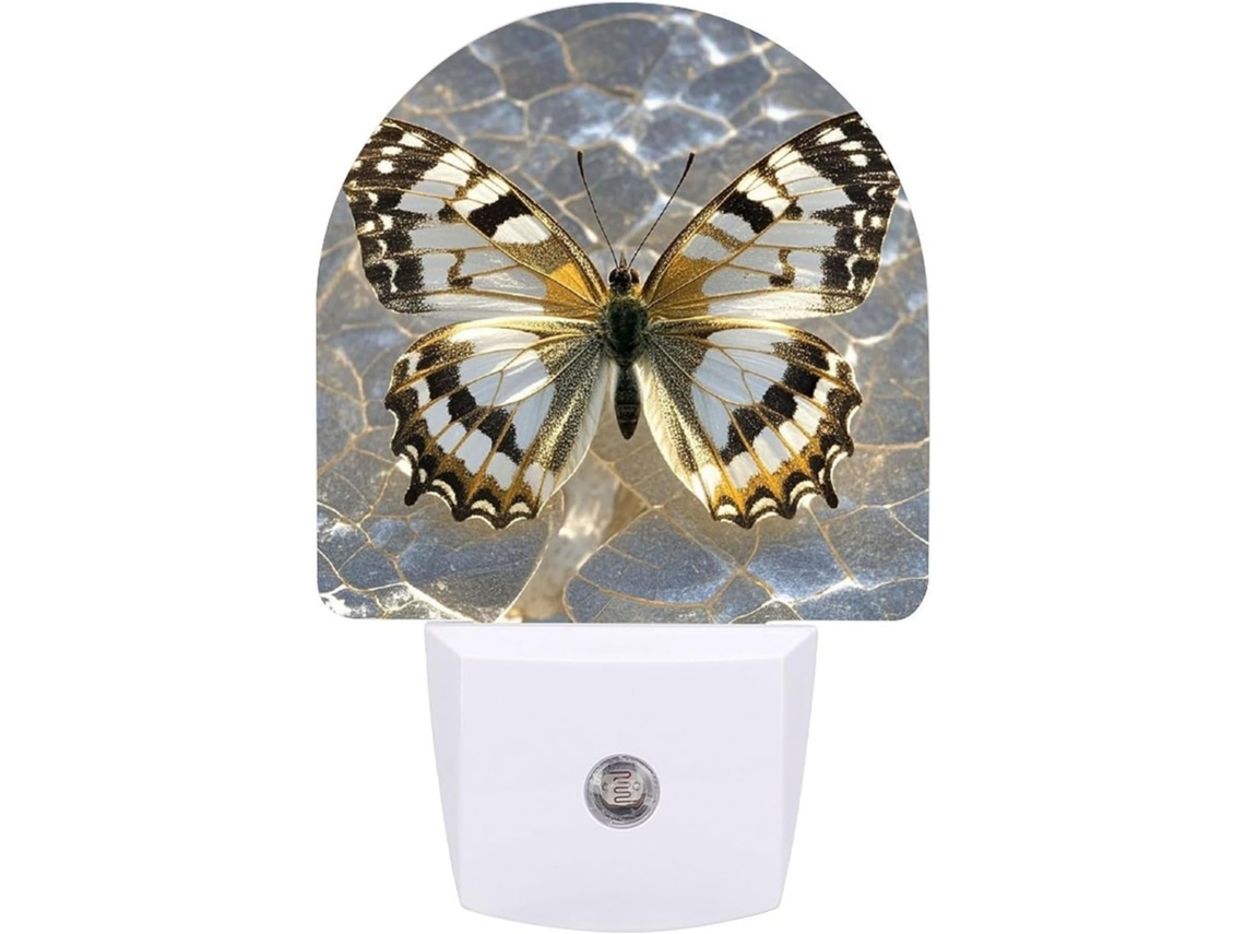 Luz noturna LED com sensor, branca e dourada com estampa de borboleta, luz noturna suave em branco quente.