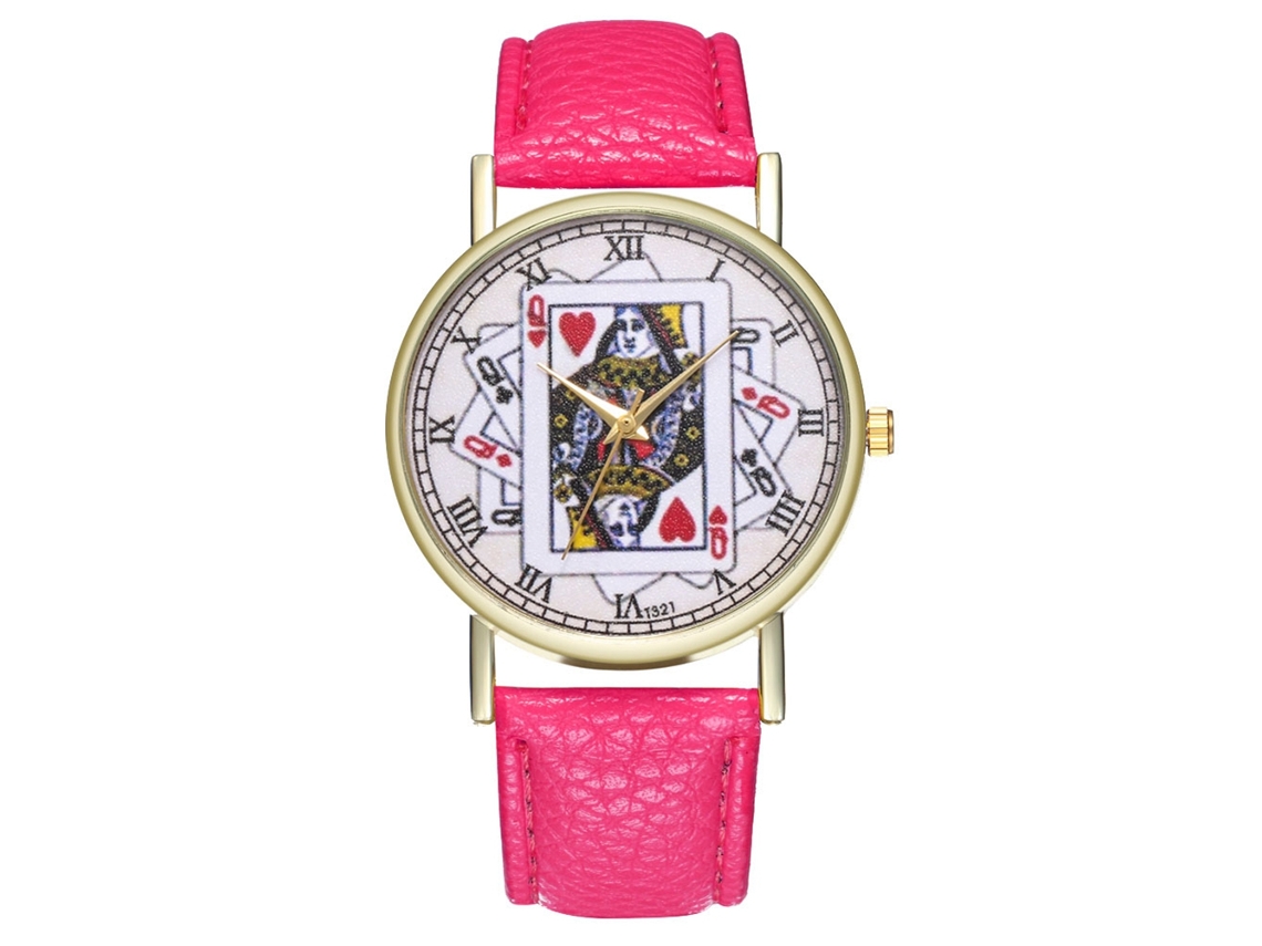 Relógio de quartzo casual e moderno com pulseira de couro para homens e mulheres, nas cores vermelho e rosa.