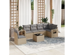 Vidaxl 7 Pcs Conjunto De Sofás P/ Jardim Com Almofadões Vime Pe Bege