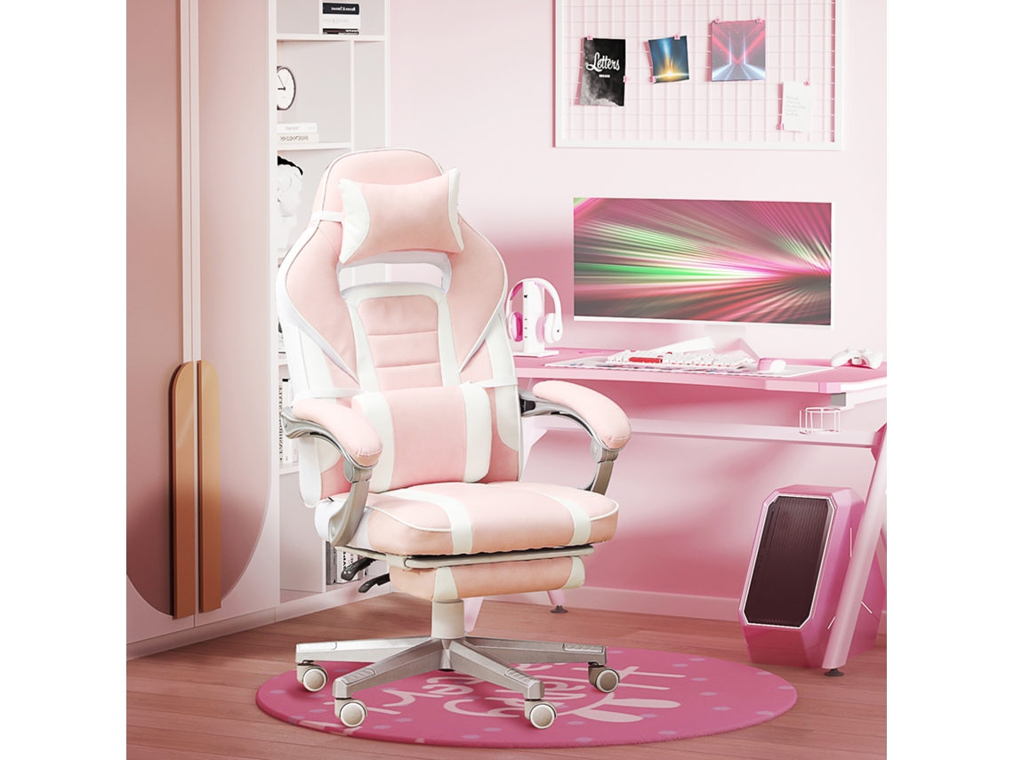 Cadeira Gamer Com Descanso Pés, Ajustável, Giratória, Reclinável, Couro Sintético, 120kg, Cor Rosa.