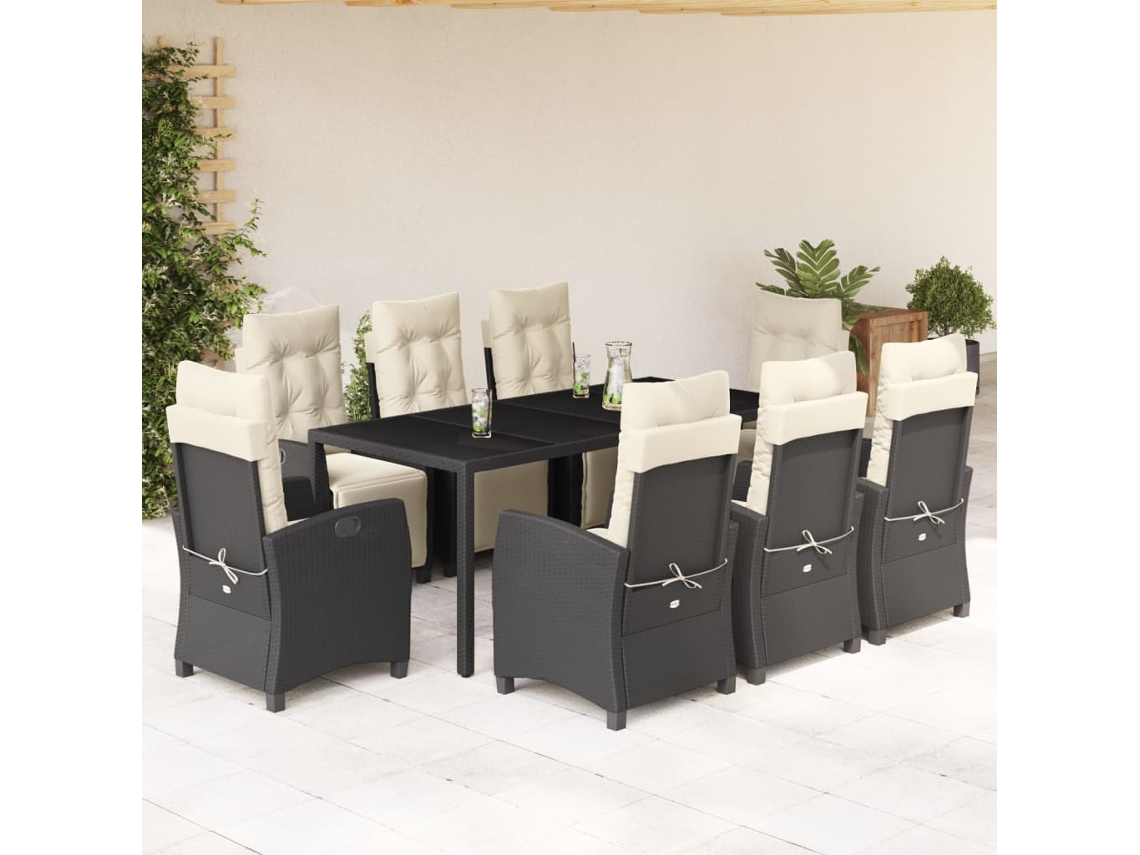 9 Pcs Conjunto De Jantar P/ Jardim C/ Almofadões Vime Pe Preto Dkd Home Decor