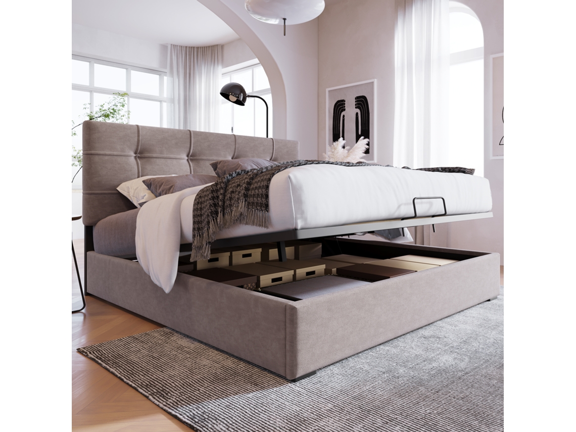 Cama 140x200 Veludo Cinza Elevatória Estrutura Ajustável VOLTEDGE